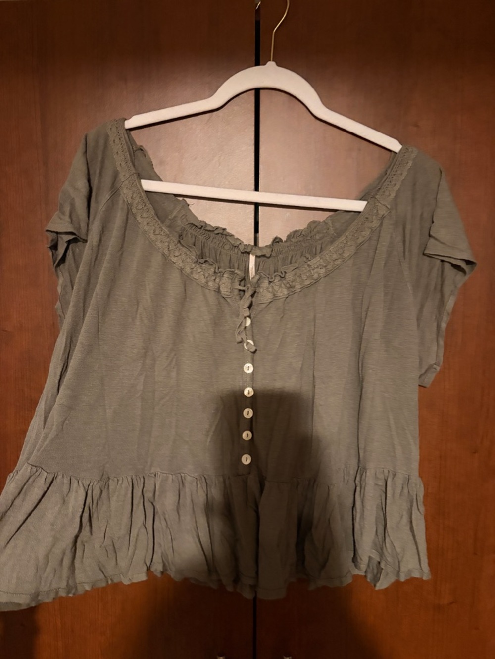 Free People Olive Green Ruffle-Hem Button Front Blouse